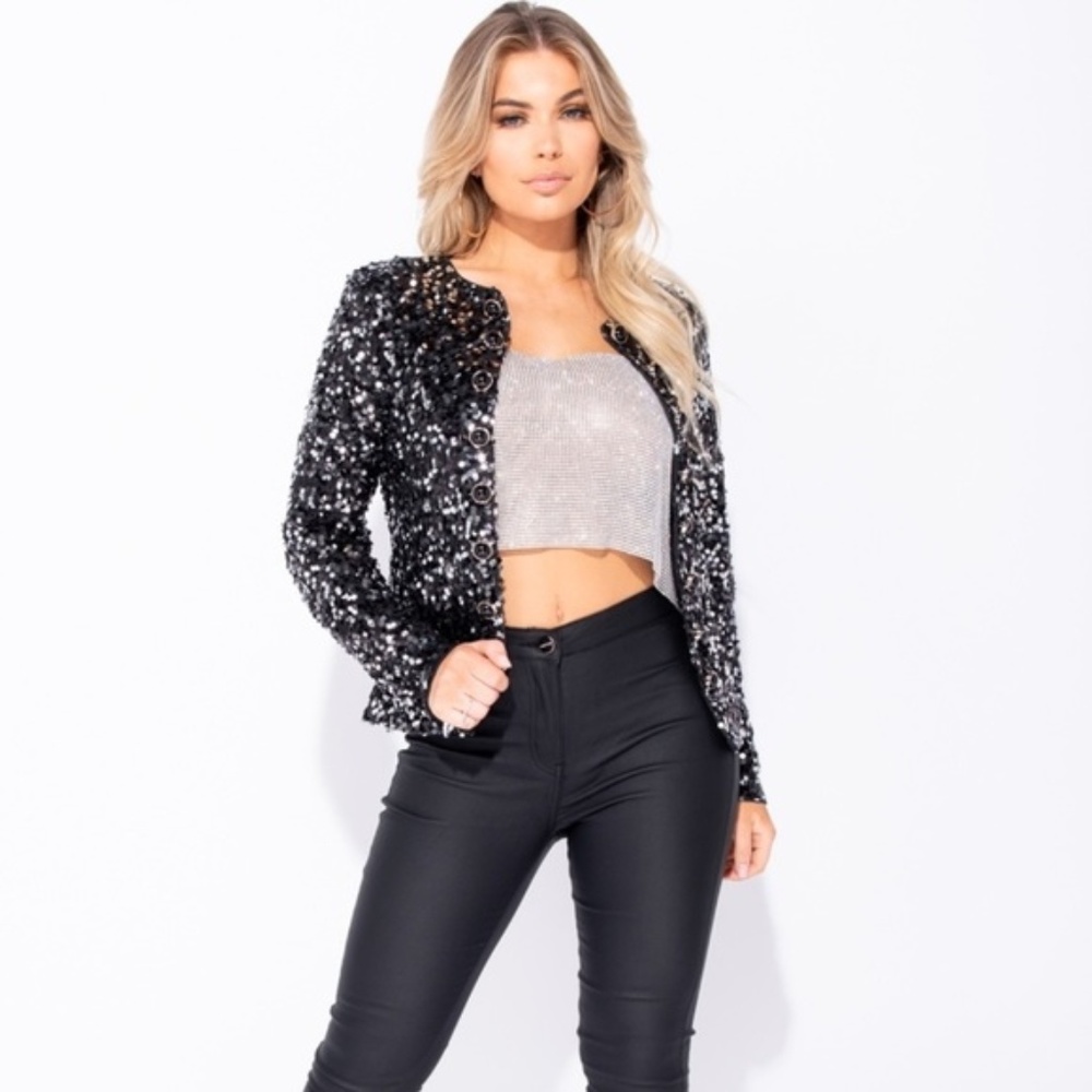 Confetti Queen Black Sequin Dome Button Blazer - Picture 5 of 8